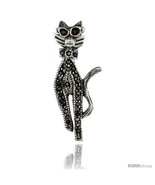Sterling Silver Marcasite Cool Cat Brooch Pin w/ Round Garnet Stones, 1 ... - $31.98