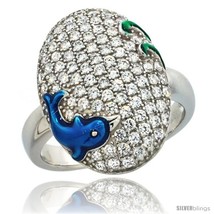 Size 6 - Sterling Silver Blue Dolphin on Oval Ring w/ Brilliant Cut CZ Stones,  - $66.94