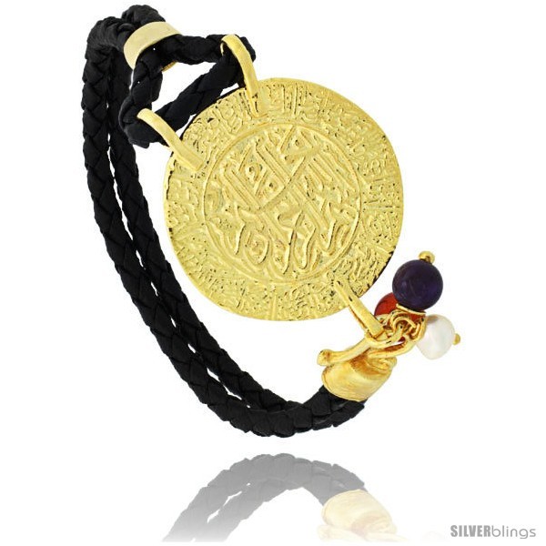 Sterling Silver Islamic AL SHAHADA Gold Plated Black Braided Leather Bracelet  - $105.12