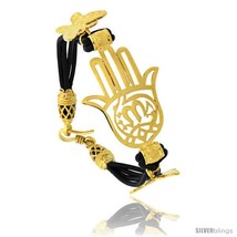 Sterling Silver Islamic HAND OF FATIMA Gold Plated Black Braided Leather  - $89.88