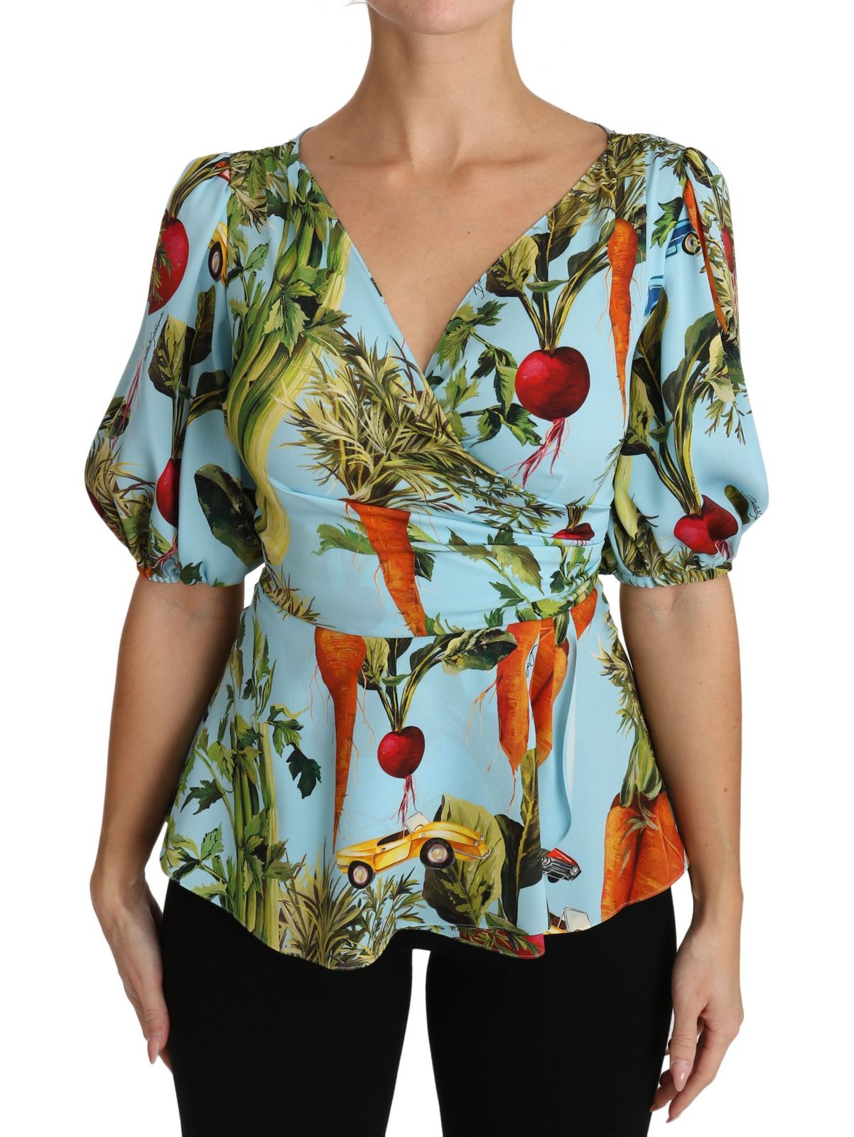 Multicolor Vegetable Print Silk Top Peplum Wrap Blouse Fashion
