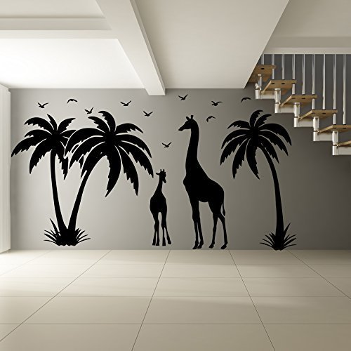 Primary image for (87'' x 47'') Vinyl Wall Decal Paradise Island with Palms, Birds and Giraffes...