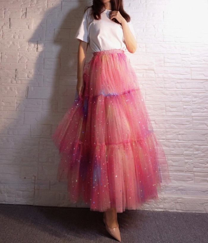 Rainbow Color Long Tulle Skirt Tiered Tutu Skirt Outfit Plus Size ...