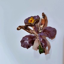 Vintage Enamel Brooch, Purple Iris Flower, Gold Tone Metal Pin, Gardener Gift image 2