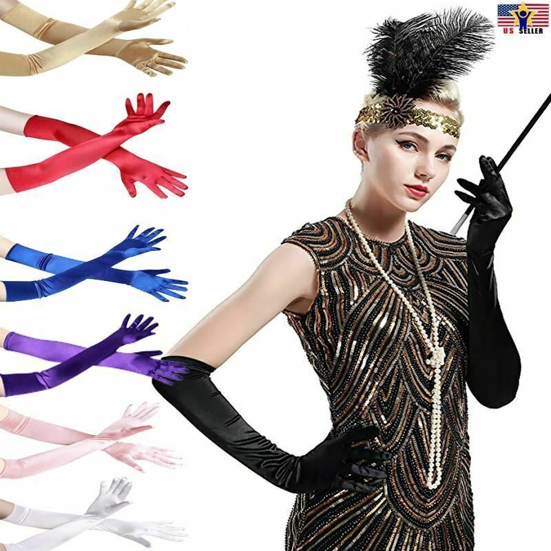 Girl Elbow Length Stretch Satin Long Flapper Gloves Evening Opera 20s ...