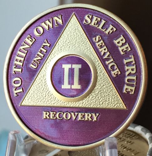 2 Year AA Medallion Purple Gold Plated Alcoholics Anonymous Sobriety Coin Chip
