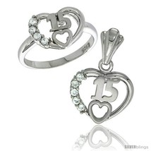 Size 7 - Sterling Silver Quinceanera 15 ANOS Heart Ring & Pendant Set CZ Stones  - $69.50