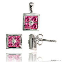 Ed stud earrings 6 5 mm pendant 11mm tall set w princess cut pink tourmaline colored cz thumb200