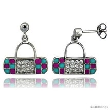 Sterling Silver 5/8in  (16 mm) tall Purse Dangle Earrings, Rhodium Plated w/ CZ  - $64.89