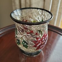 Winter Candle Holder, Crackle Glass, Planter Vase Hand Painted Poinsettia Holly image 4