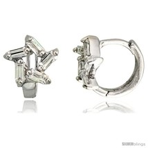 Sterling Silver Star Cut Out Huggie Hoop Earrings w/ Baguette CZ Stones, 3/8in   - $20.79