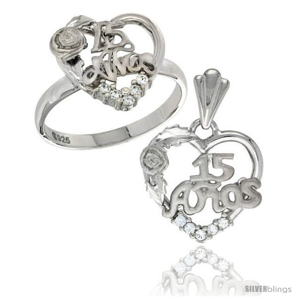 Size 8 - Sterling Silver Quinceanera 15 ANOS Rose Ring & Pendant Set CZ Stones  - $83.86