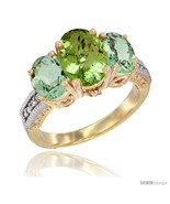 Size 5 - 14K Yellow Gold Ladies 3-Stone Oval Natural Peridot Ring with G... - $812.26