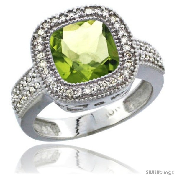 Primary image for Size 7.5 - 10K White Gold Natural Peridot Ring Diamond Accent, Cushion-cut 9x9 