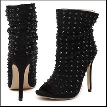 Italian Black Suede Faux Leather Peep Toe Metal Micro Stud Stiletto Ankle Boots 