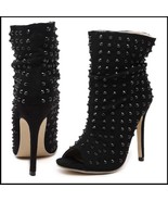 Italian Black Suede Faux Leather Peep Toe Metal Micro Stud Stiletto Ankle Boots  - £96.51 GBP