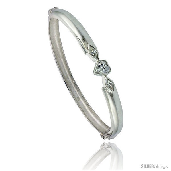Primary image for Sterling Silver Bangle Bracelet High Polished Heart w/ Cubic Zirconia Stones, 