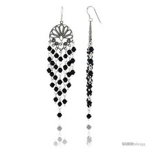 Sterling Silver Fan-shaped Dangle Chandelier Earrings w/ Black Crystals, 3  - $54.46