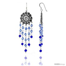 Sterling Silver Flower Dangle Chandelier Earrings w/ Blue Topaz & Blue  - $46.72