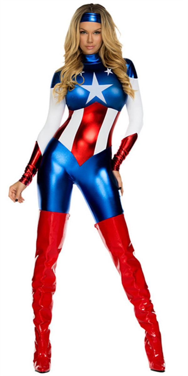 Marvel Captain America Female Womens Jumpsuit Bodycon Catsuit Fancy Dress Outfit Women