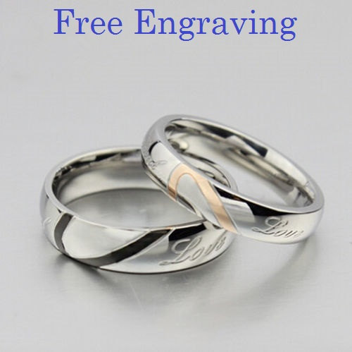 Free engraving Heart shape titanium steel 2 pcs couples ring set engagement ring