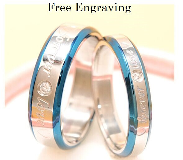 Free engraving blue forever love stainless steel couples ring set, promise rings