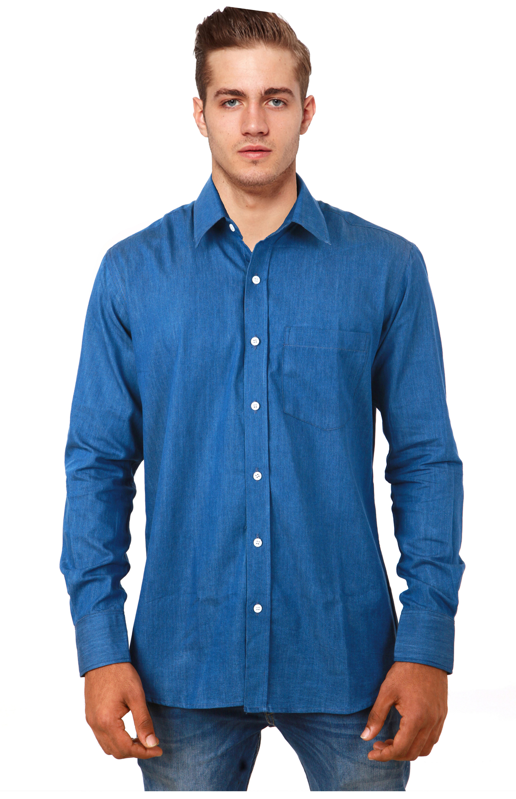 COBRIO Indigo Blue Denim Long Sleeve Casual Shirt - Casual Shirts