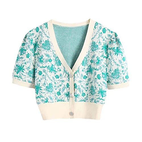 V Neck Floral Print Jacquard Short Knitted Sweater Female Chic Puff Sleeve Cardi