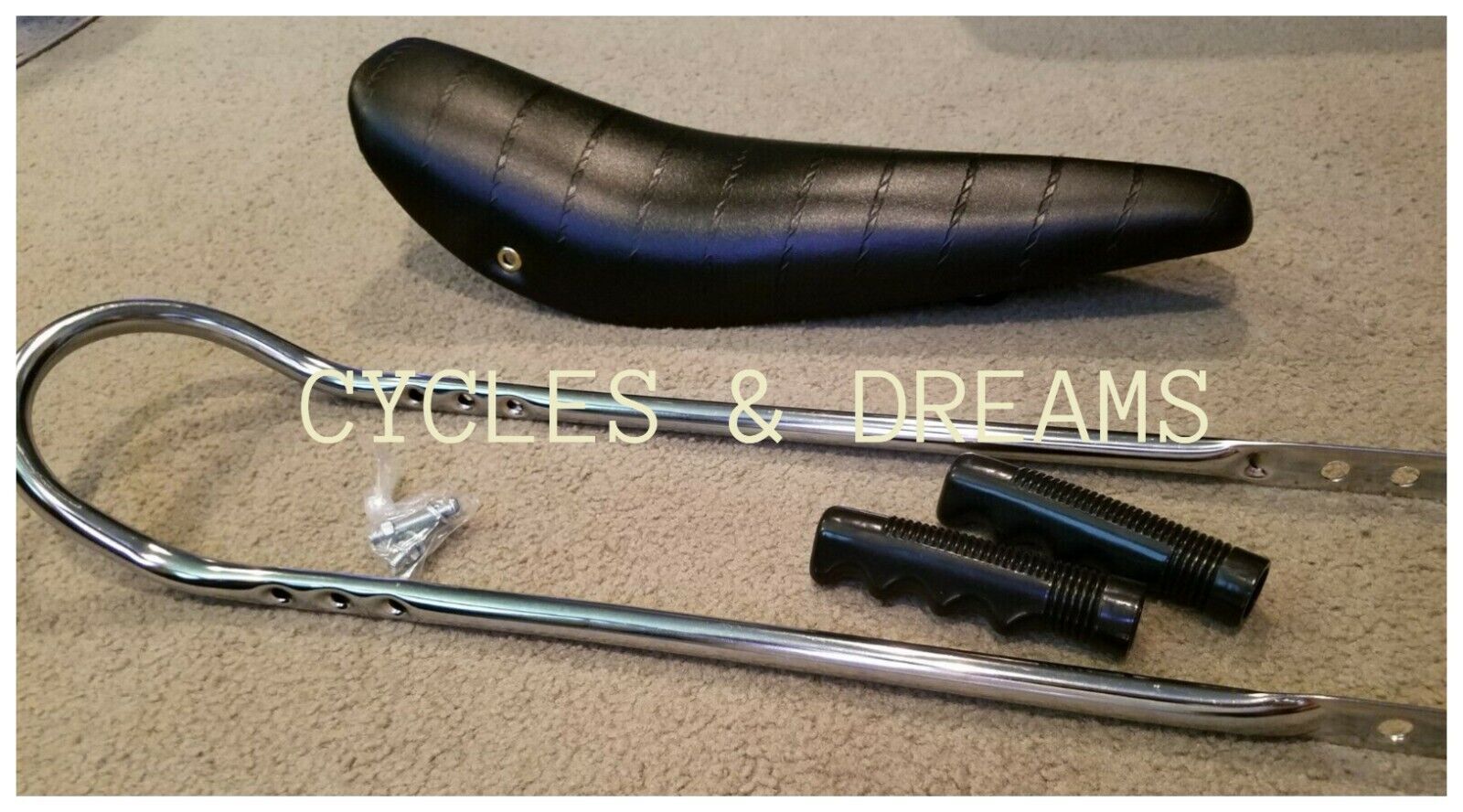 VINTAGE LOWRIDER BLACK SEAT & GRIPS W/ CHROME SISSY BAR, FITS 20