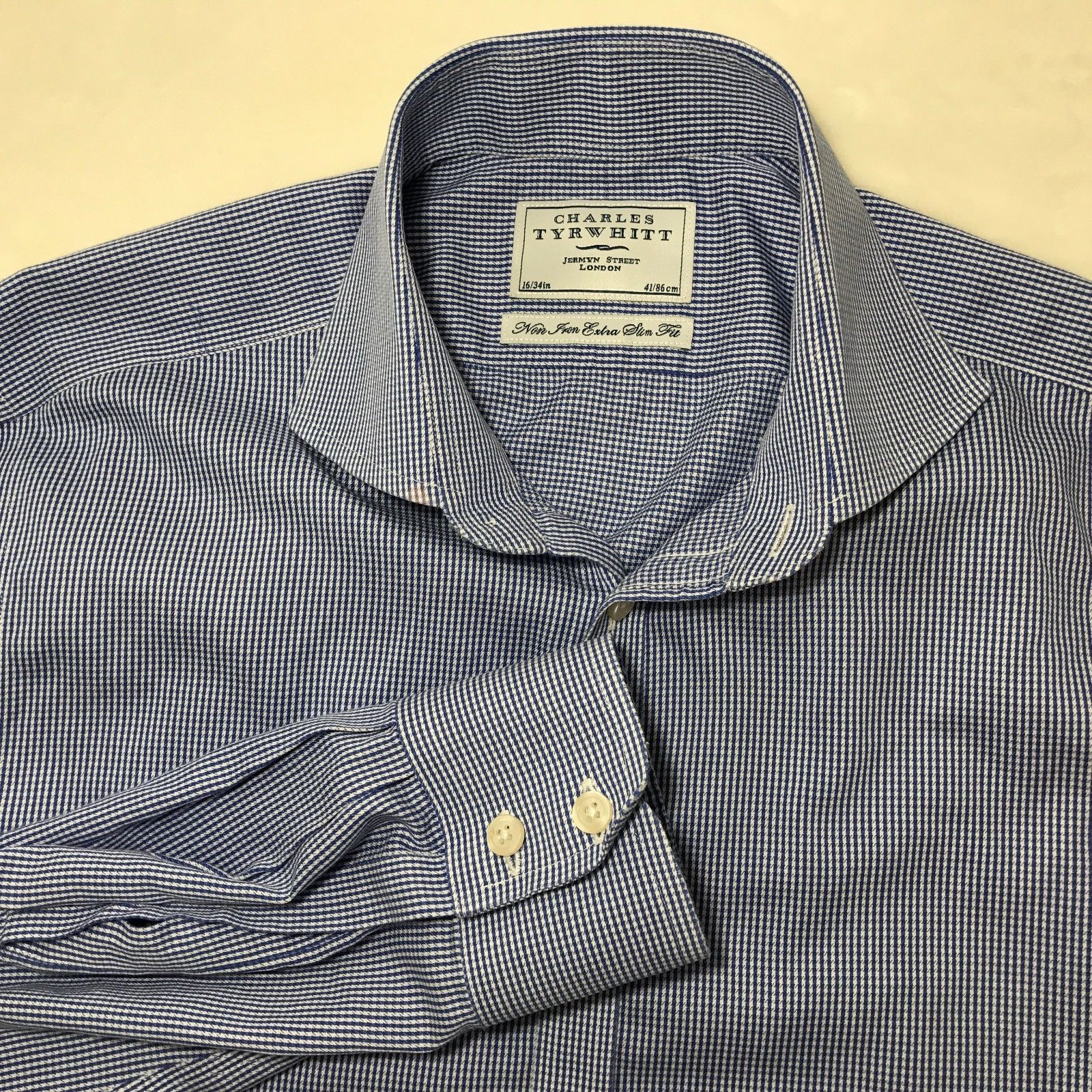 Charles Tyrwhitt Mens Dress Shirt Non Iron Extra Slim Fit Size 16 Blue ...