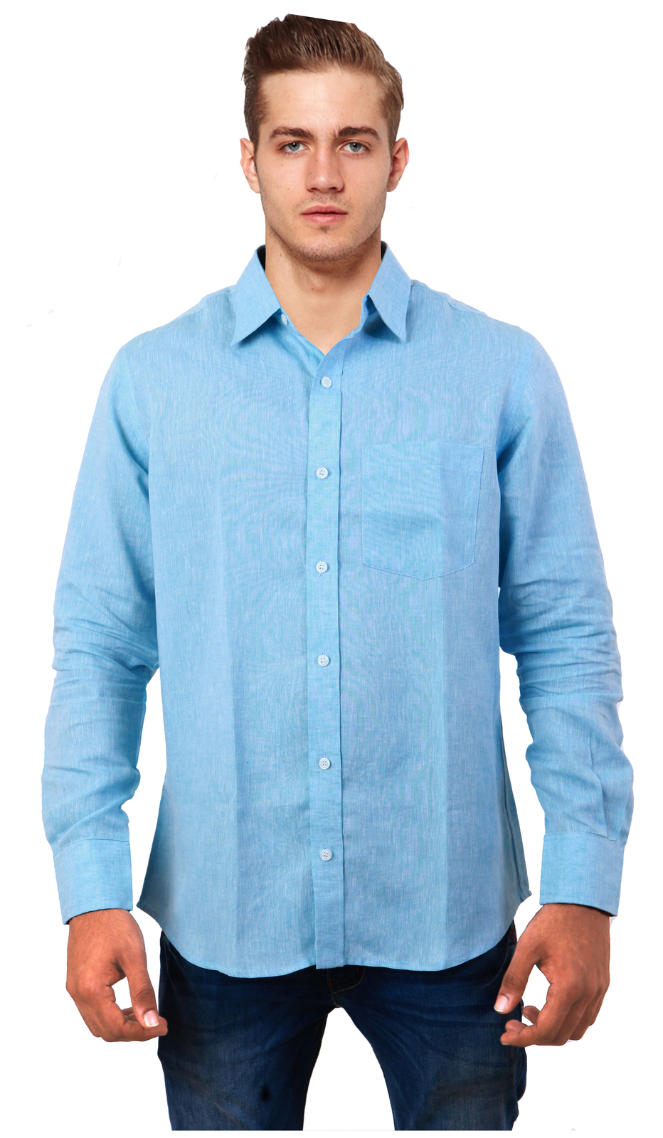 COBRIO Linen Long Sleeve Light Blue Shirt Casual Shirts