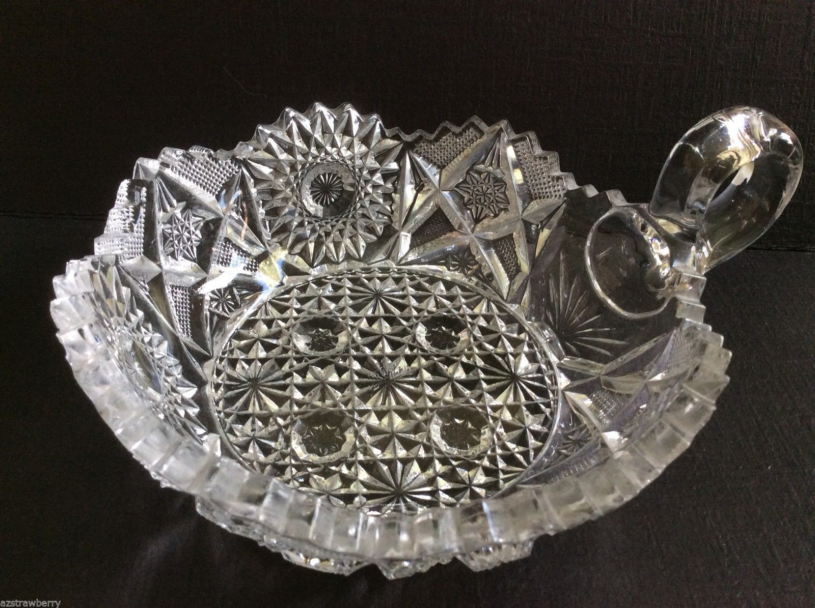 VTG WESTMORELAND CRYSTAL CLEAR DEEP CUT GLASS HANDLED NAPPY DISH 6