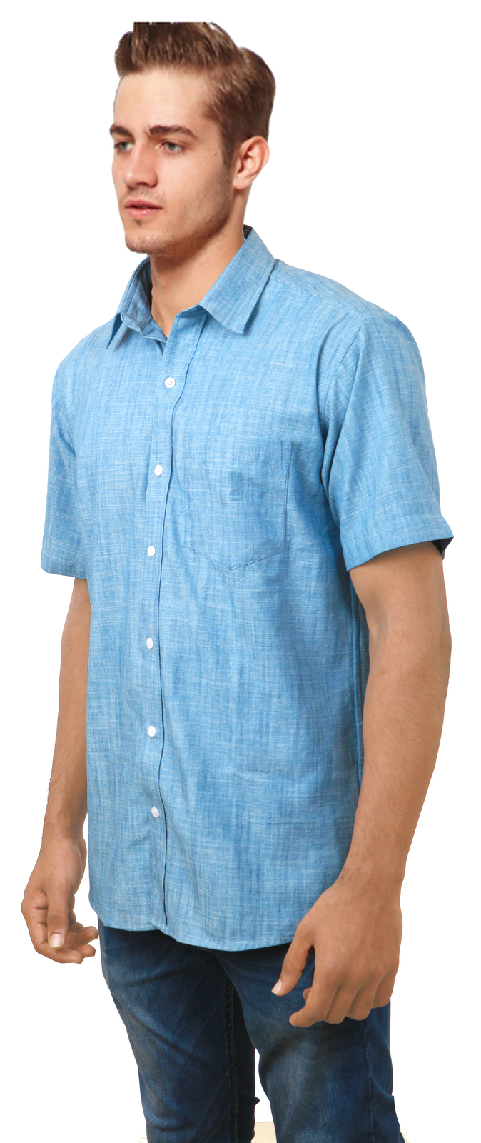 COBRIO Light Blue Denim Short Sleeve Shirt Casual Shirts