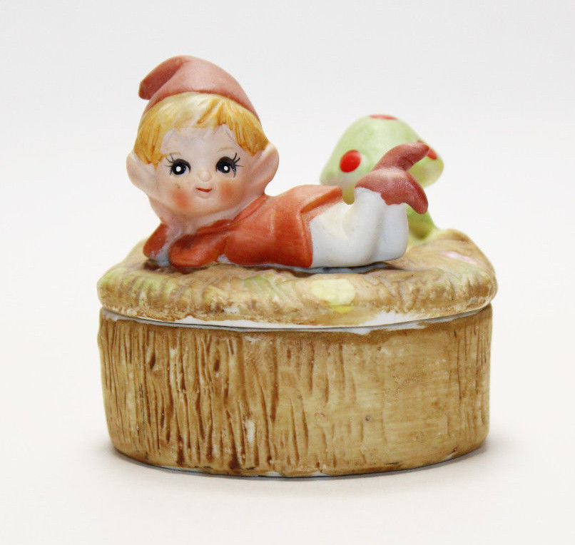 Trinket Box with Lazy Elf - Gnome- Pixie & Mushroom Vintage 1970s HOMCO #5404 - $12.86