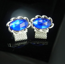 Swank Blue Cufflinks Vintage Wrap silver Mesh Crystal Prisms blue LARGE ... - $75.00