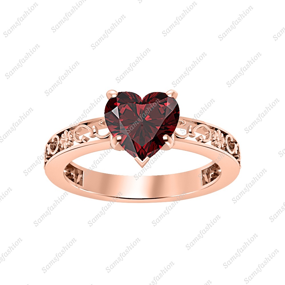 Solitaire Heart Shaped Red Garnet 14K Rose Gp 925 Silver Women Engagement Ring