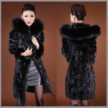 Black Long Sleeved Hooded Collar Mink Faux Fur Knee Length Parka Fashion Coat