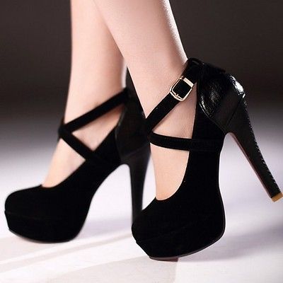Women High Heels Pumps Sweet Ankle Strap Shoes Round Toe Red Bottom ...