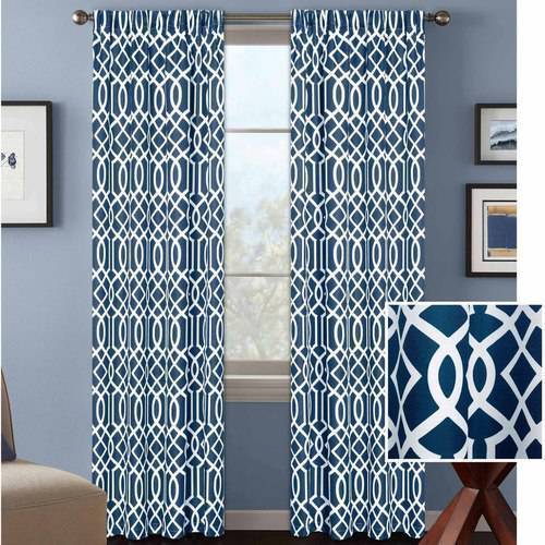 Indigo Blue Textured Weave Modern Geometric Print Curtains Panels