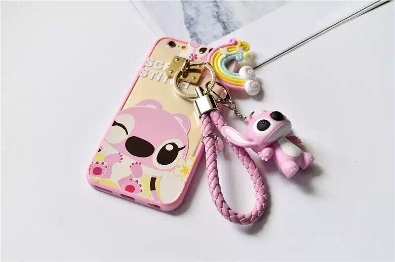 New 3D cute Cartoon Pink Stitch Ring Stand String Soft case for iPhone ...