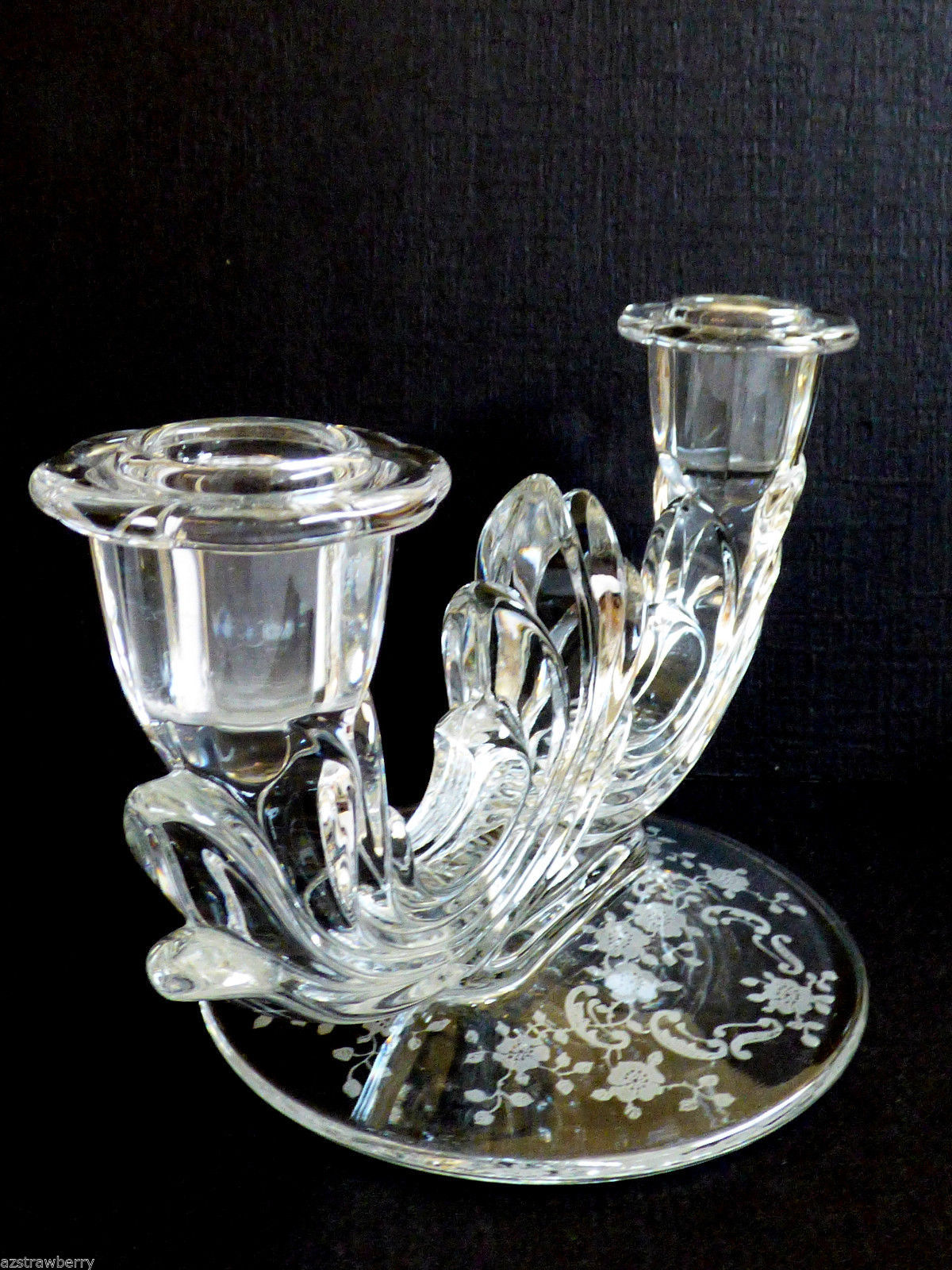 Vtg Fostoria Crystal Etched Glass Shirley Poppy Baroque Candelabra Candle Holder Candle Sticks