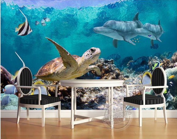 Underwater Scene Fish Sea Turtle Dolphins 3D Wallpaper Wall Mural Wall ...