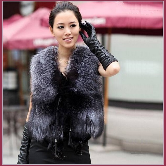 Silver Blue Fox Gilet Tassel Leather Ties Waistcoat Faux Fur Vest Jacket