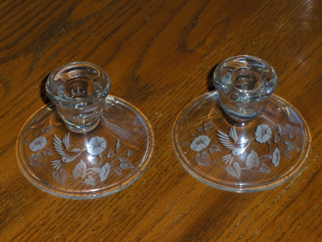 Primary image for Avon Hummingbird Crystal Candle Stick Holders Etched Set of 2