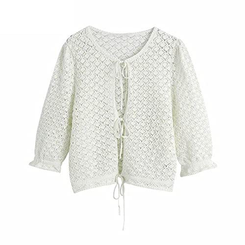 Hollow Out Crochet Short Knitting Sweater Female Puff Sleeve Ruffles Lace Up Chi