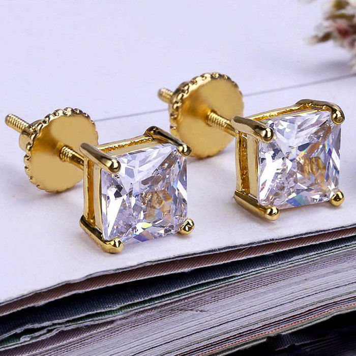 Large Size Gold Lab Diamond Princess Cut Square Shaped Stud Earrings ...