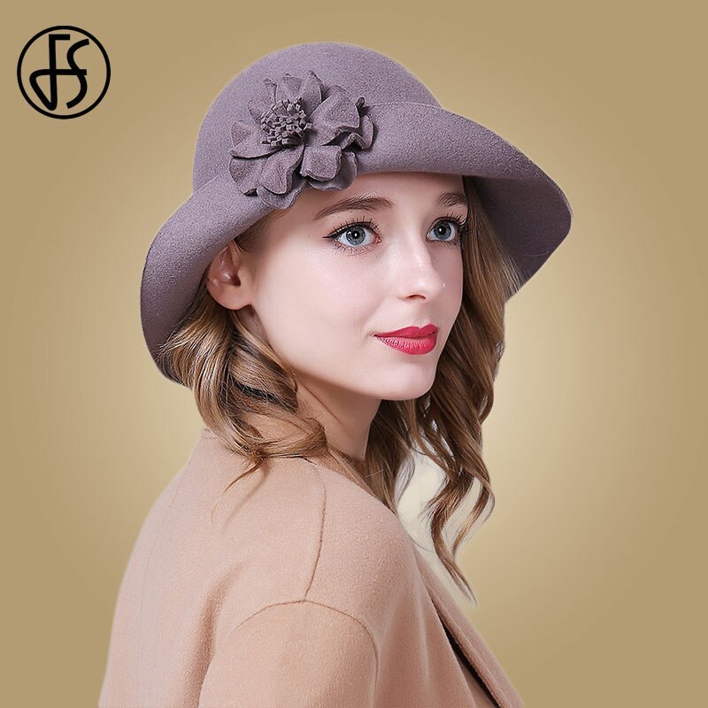 FS Vintage Red Church Hat Women Elegant Winter Wool Wide Brim Fedoras