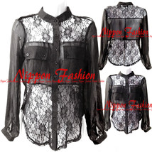 Lace Sheer Button Down Blouse Shirt Chiffon Party Long Sleeve Casual Eve... - $75.00