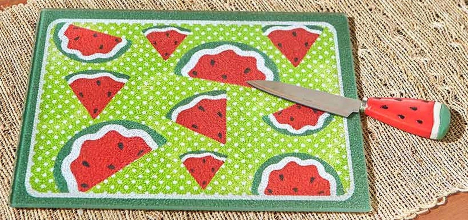 Set of Glass Cutting Board (app. 11"x 8.5") & Matching Knife, WATERMELONS, rect. - $14.84