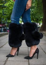 Finn Fox Fur Legs Cuffs Jet Black Boots Bands Legs Sleeves Pompoms Adjustable image 2